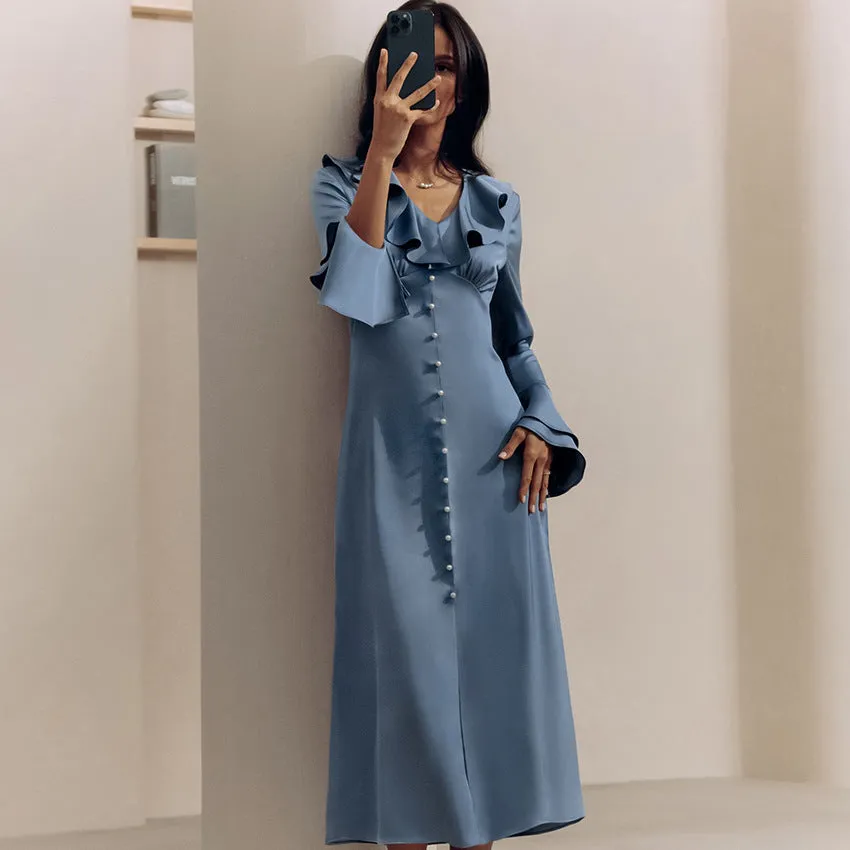 Women's French Satin V-neck Flare Sleeve High-waist Ruffle Dress