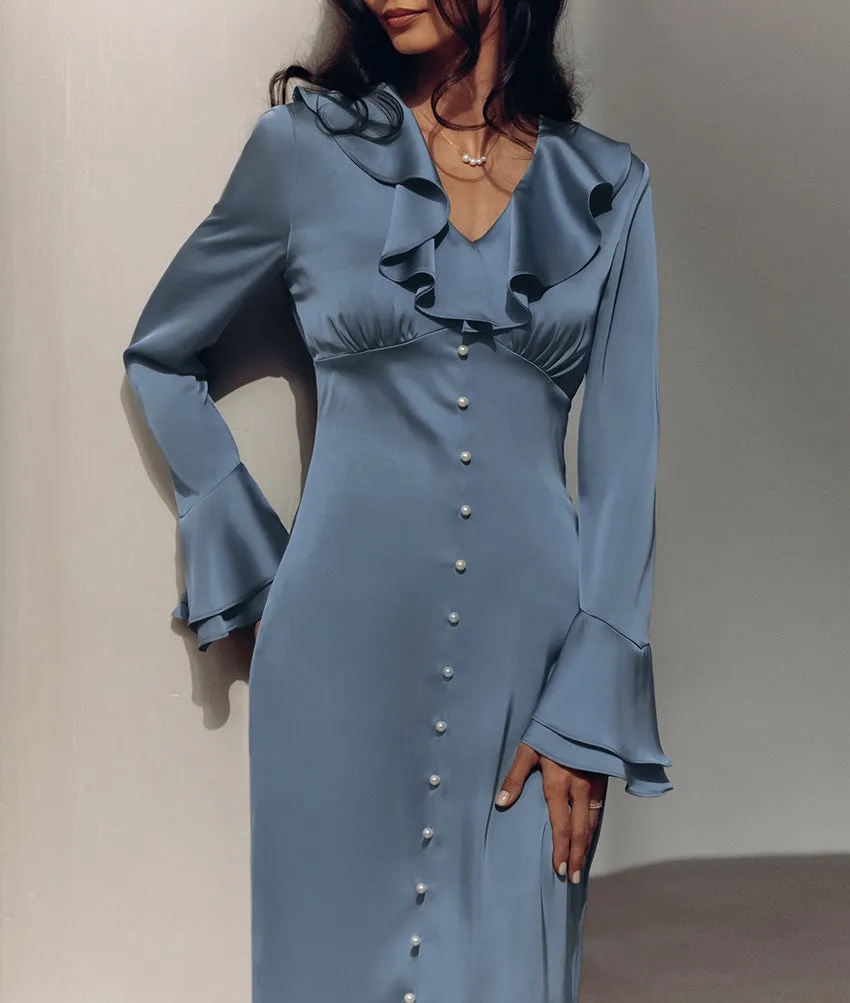 Women's French Satin V-neck Flare Sleeve High-waist Ruffle Dress