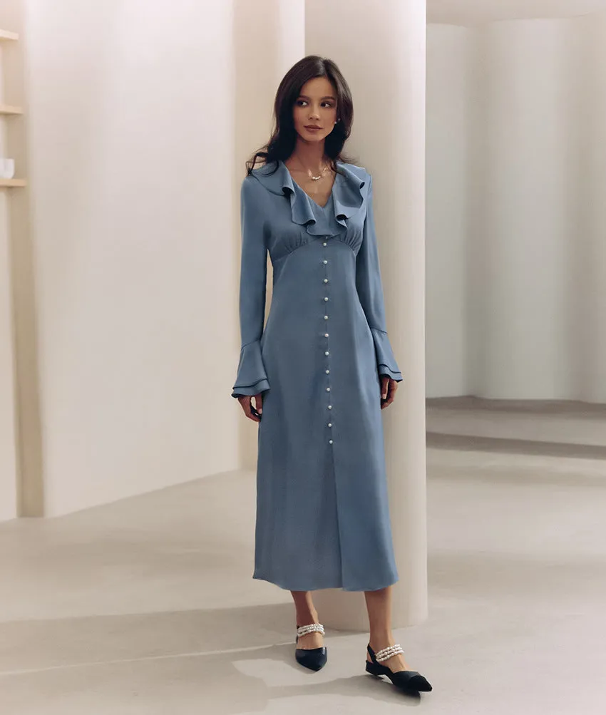 Women's French Satin V-neck Flare Sleeve High-waist Ruffle Dress