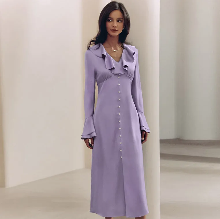 Women's French Satin V-neck Flare Sleeve High-waist Ruffle Dress