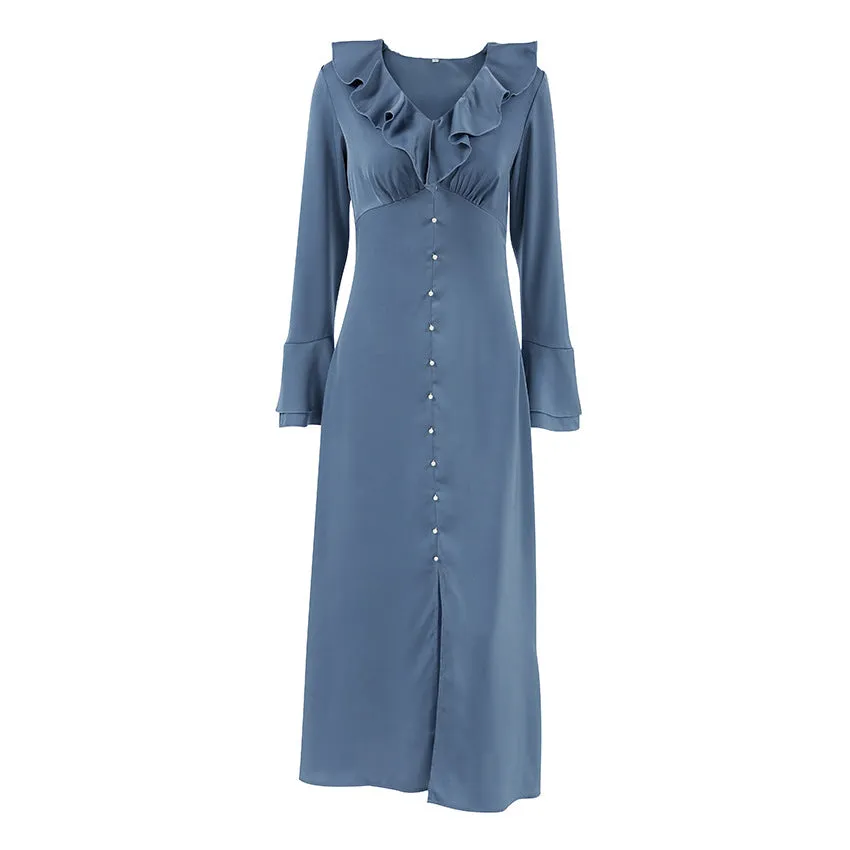 Women's French Satin V-neck Flare Sleeve High-waist Ruffle Dress