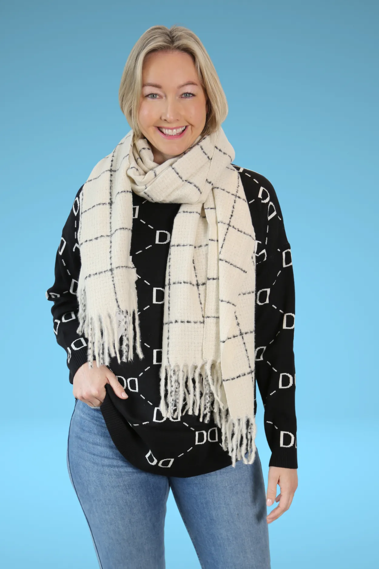 Wool and Cashmere Scarf in Cream Check