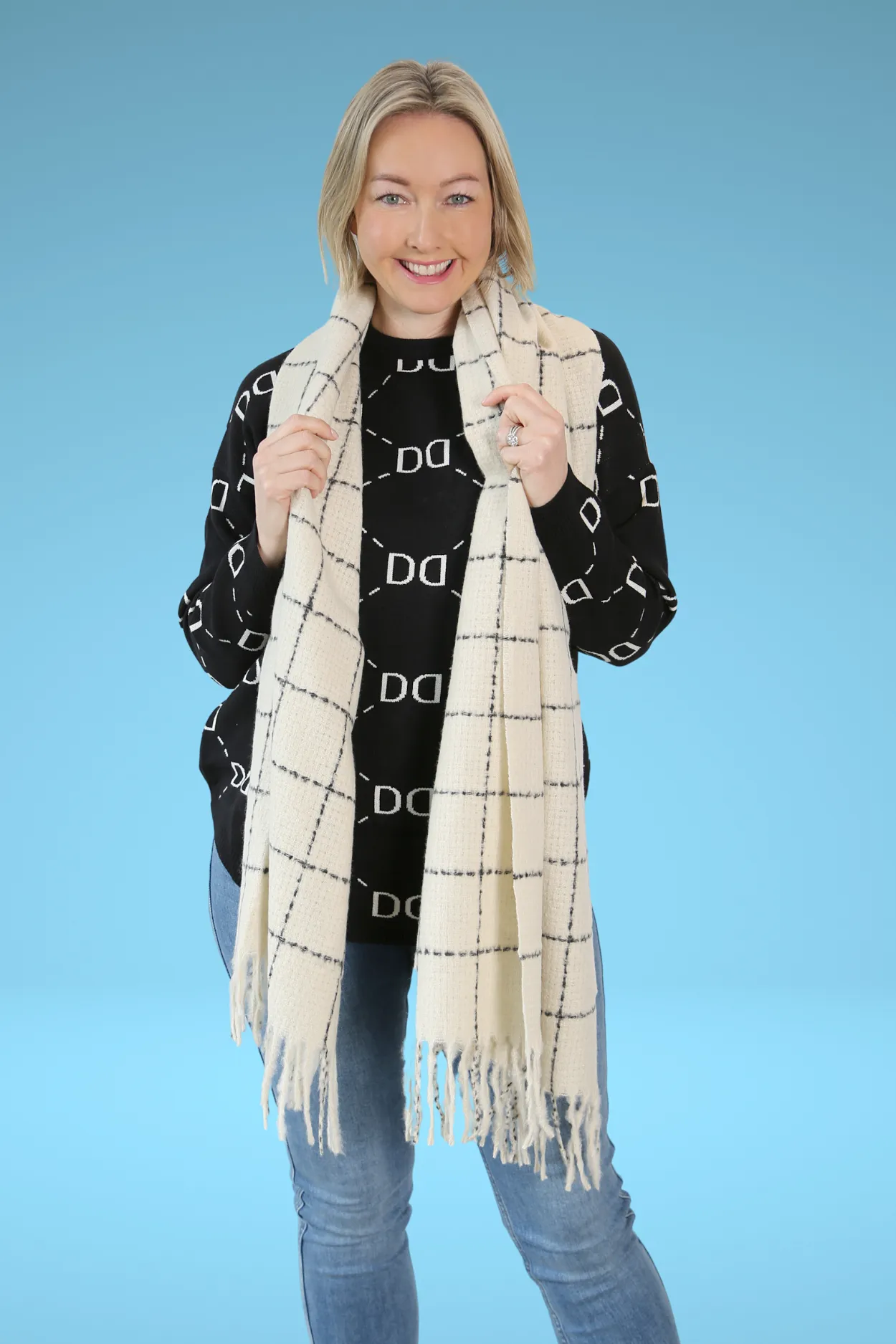 Wool and Cashmere Scarf in Cream Check