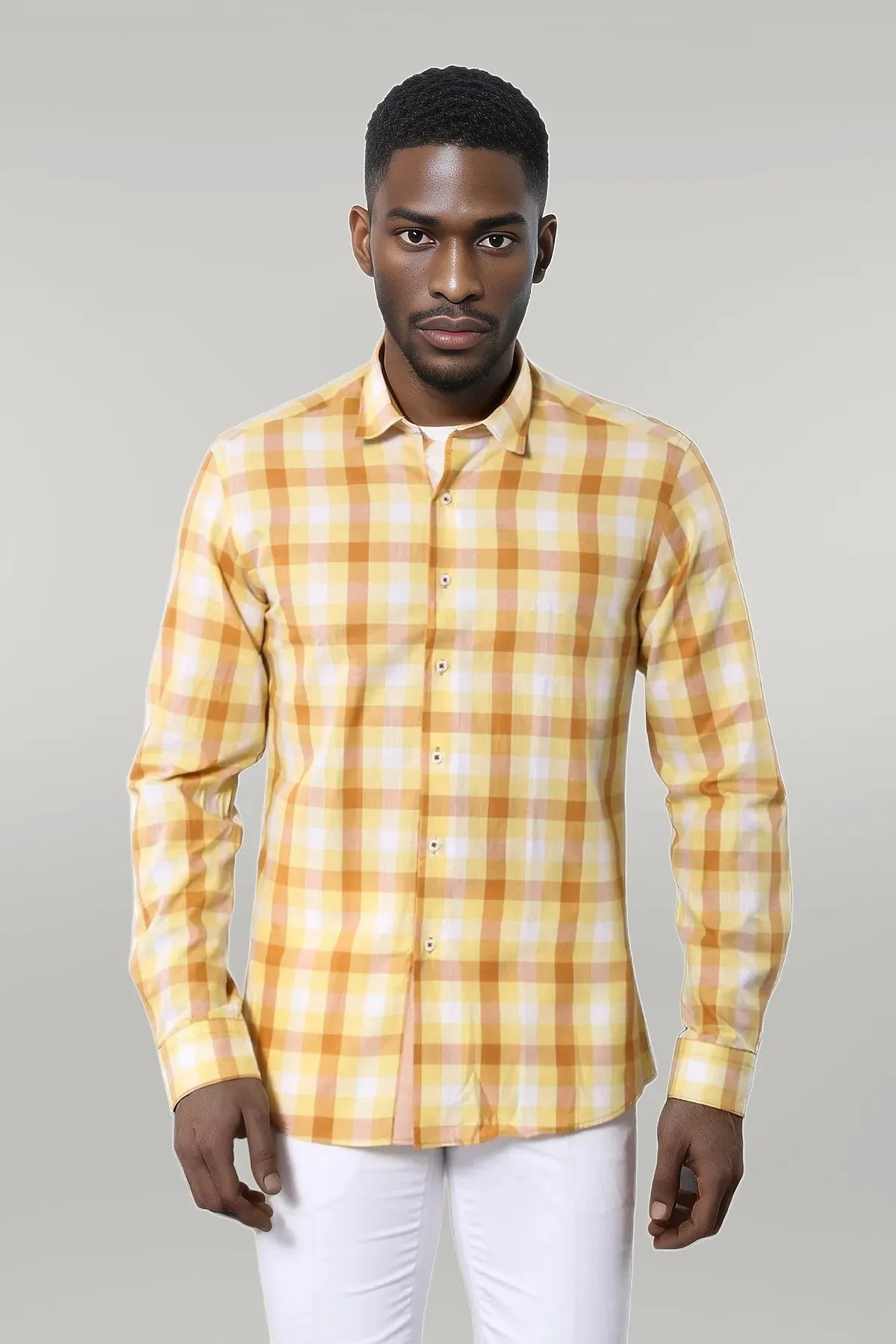 WSS Slim Fit Plaid Patterned Yellow Shirt  - Singen
