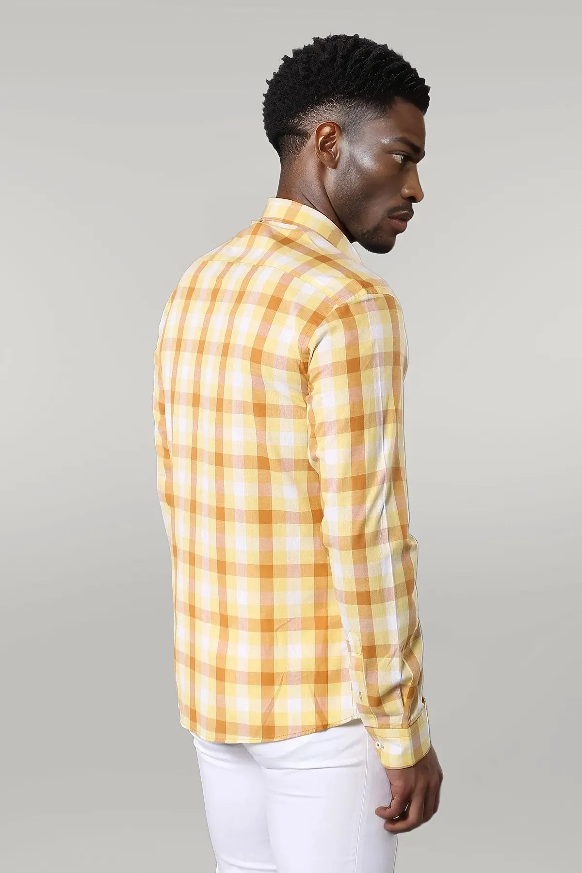 WSS Slim Fit Plaid Patterned Yellow Shirt  - Singen