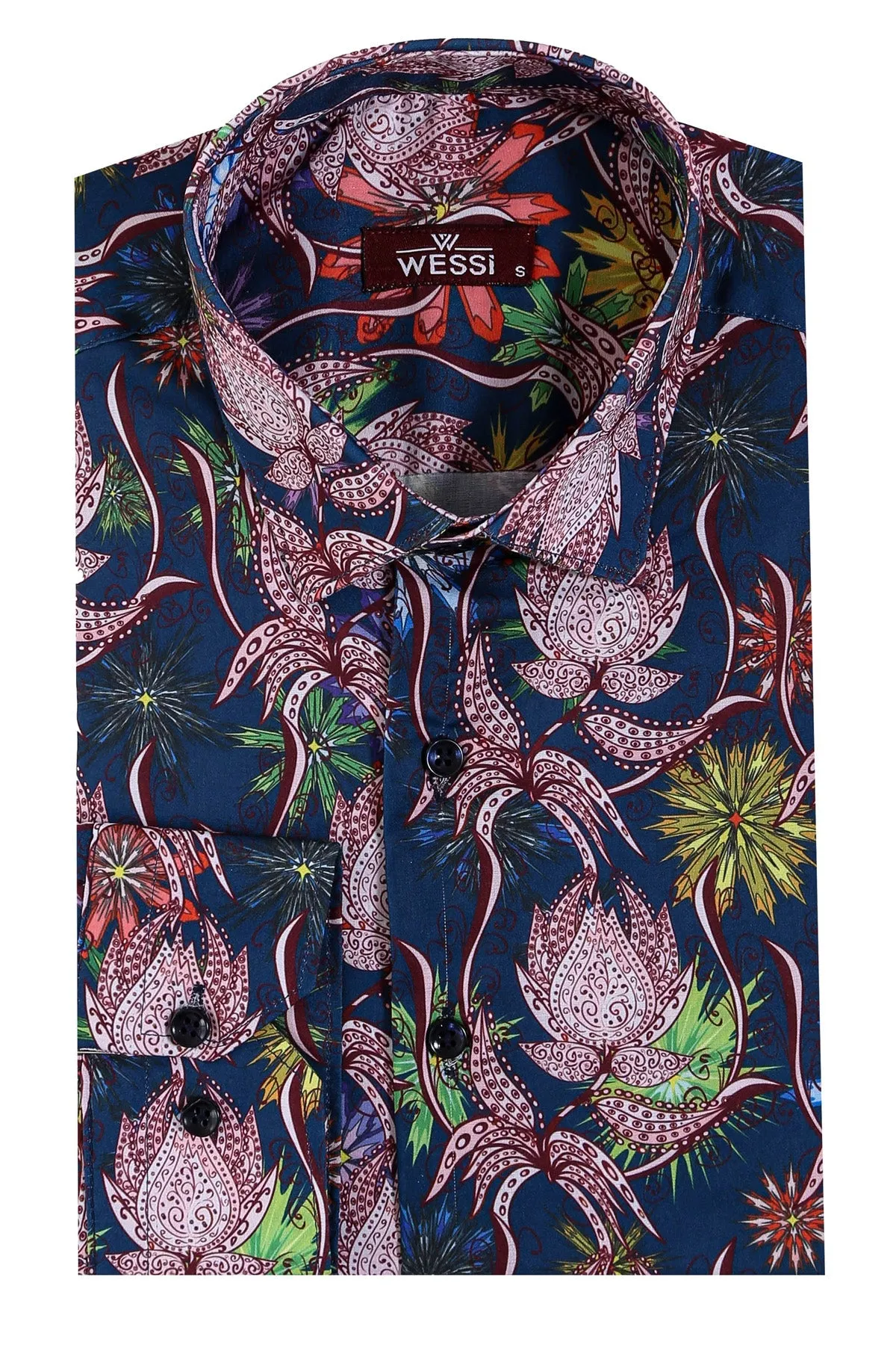 WSS Tiger And Leaf Patterned Long Sleeves Slim Fit Blue Men Shirt  - Singen