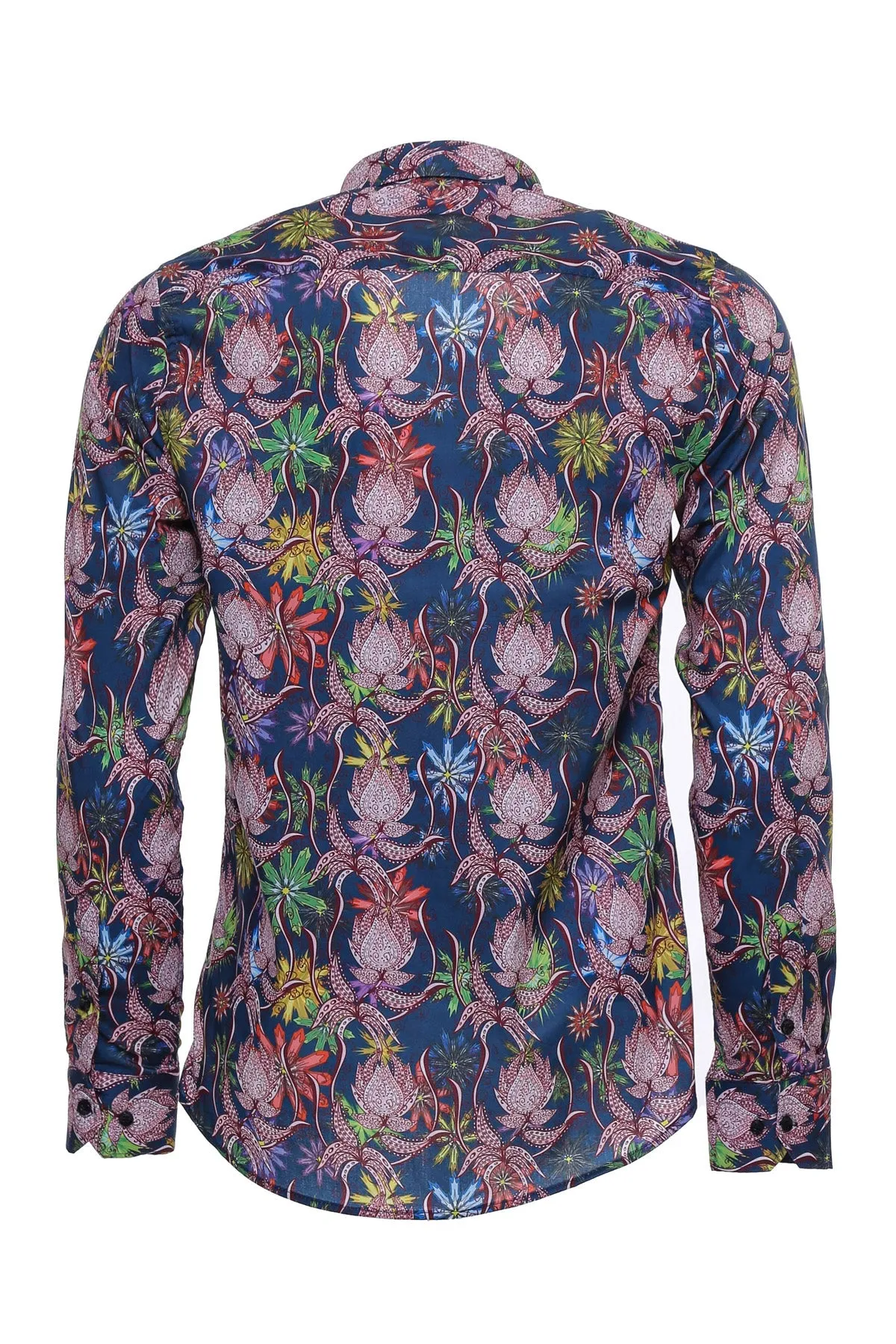 WSS Tiger And Leaf Patterned Long Sleeves Slim Fit Blue Men Shirt  - Singen