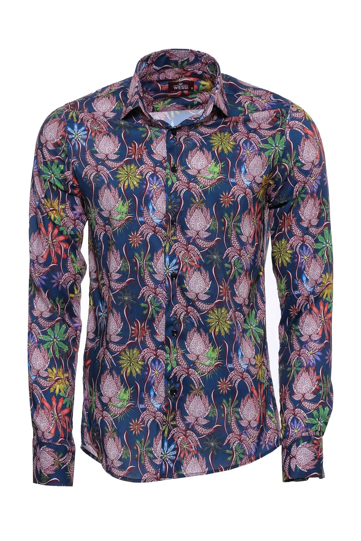 WSS Tiger And Leaf Patterned Long Sleeves Slim Fit Blue Men Shirt  - Singen