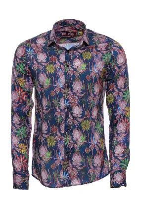 WSS Tiger And Leaf Patterned Long Sleeves Slim Fit Blue Men Shirt  - Singen