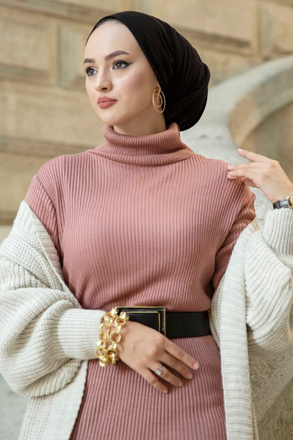 ZRF Women Polo Neck Knit Dress - Rose Pink - Tournai