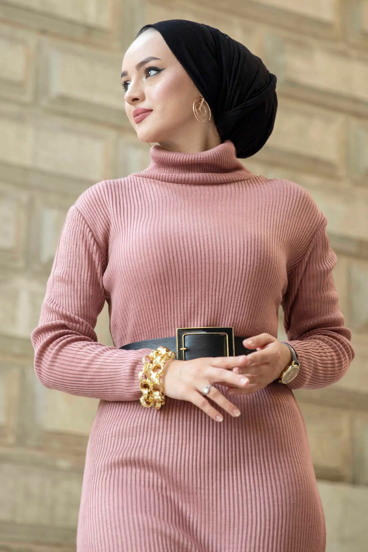 ZRF Women Polo Neck Knit Dress - Rose Pink - Tournai